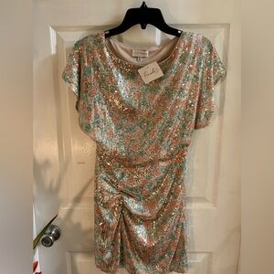 Lucy Paris Multicolor Sequin Short Sleeve Dress With Gathered Skirt, Size XS